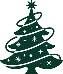 A stylized, retro-inspired Christmas tree is adorned with glowing ornaments and a star.