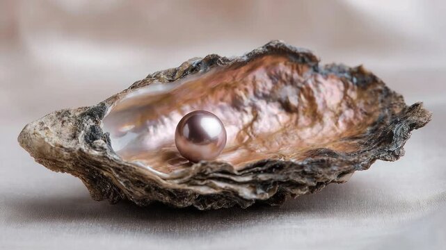 A lustrous, mauve-toned pearl rests inside an open oyster shell. Soft light reveals iridescent shell interiors
