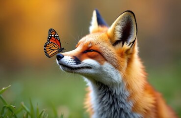 Obraz premium Red fox sits in green grass with butterfly on nose. Animal mammal nature. Wild fauna fur outdoor. Gentle moment, soft background. Autumn setting, warm light.