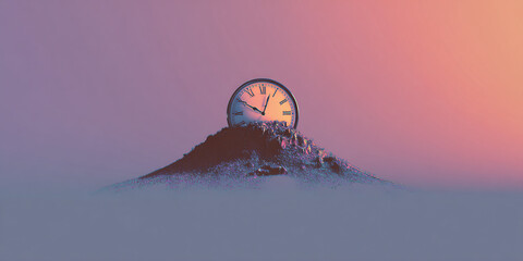 Ethereal Temporal Dissolution: A Surreal Minimalist Clock Melting into a Grave-Shaped Passage of Time