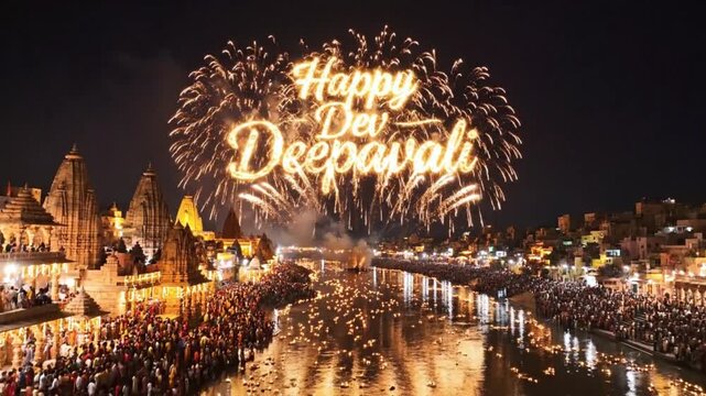 dev deepavali celebration with lamps on holy river at night