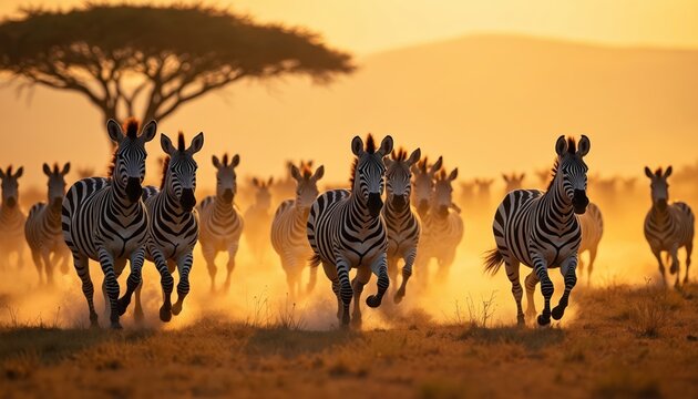 Herd of zebras run fast across dusty savanna plains at sunset. Wild animals gallop in golden hour light. Their movement kicks up dust creating a dramatic, energetic natural scene.