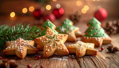 Star-shaped holiday cookies with powdered sugar and festive background lights on rustic wood for editorial seasonal photography cozy baking decor and poetic celebration-themed visuals