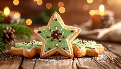 Star-shaped holiday cookies with powdered sugar and festive background lights on rustic wood for editorial seasonal photography cozy baking decor and poetic celebration-themed visuals