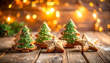 Star-shaped holiday cookies with powdered sugar and festive background lights on rustic wood for editorial seasonal photography cozy baking decor and poetic celebration-themed visuals