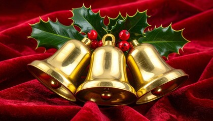 Golden Christmas bells with holly leaves and red berries on red velvet background for editorial holiday photography festive decor and poetic tradition-themed visuals
