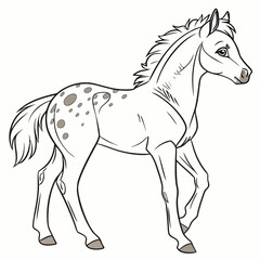 Cute spotted appaloosa horse foal with flowing mane and tail standing gracefully in a simple line drawing style