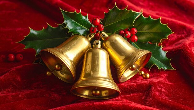 Golden Christmas bells with holly leaves and red berries on red velvet background for editorial holiday photography festive decor and poetic tradition-themed visuals - Powered by Adobe
