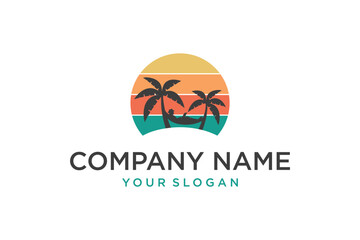 Tropical Sunset Logo Design with Palm Trees and Person in Hammock, Vacation Travel Concept