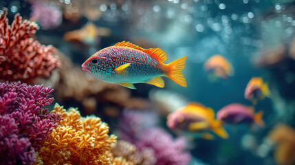 Obraz premium Vibrant tropical reef fish swimming among colorful coral in a stunning underwater scene with diverse marine life and aquatic beauty