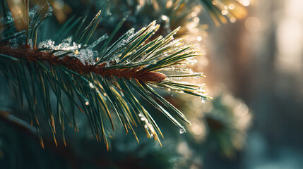 Close up of a pine branch with water droplets and frost illuminated by sunlight in a blurred background