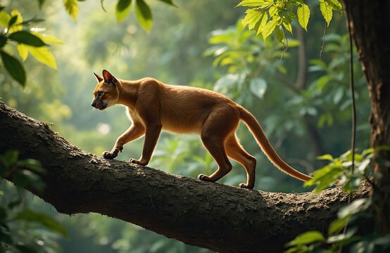 Fossa walks on tree branch in green forest. Animal predator with long tail climbs tree trunk in Madagascar jungle. Wild carnivore mammal hunts in natural habitat.