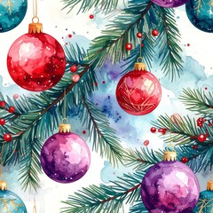 Christmas ornament pattern with red, teal, and purple baubles hanging from spruce branches, creating a festive watercolor background