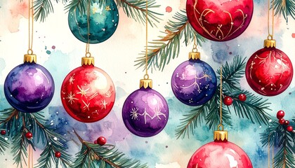 Christmas ornament pattern with red, teal, and purple baubles hanging from spruce branches, creating a festive watercolor background