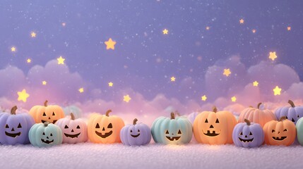 Dreamlike Happy Halloween illustration banner. Night purple theme background with glowing jack-o'-lanterns and stars.