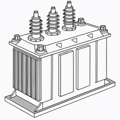 Illustration of a three phase electrical power transformer with insulators and cooling fins on a white background