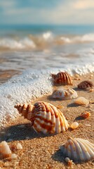 Beautiful seashells scattered on a golden sandy beach as a gentle ocean wave washes ashore at sunset