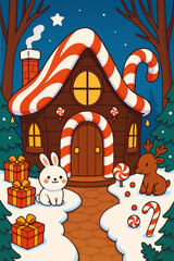 Obraz premium A whimsical gingerbread house with a bunny and reindeer. Ai