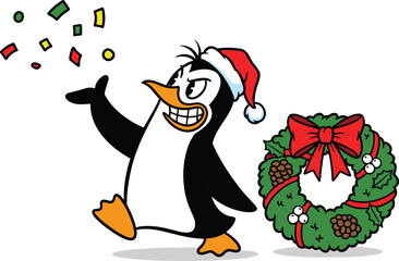 Funny cartoon penguin wearing Santa hat throwing confetti beside Christmas wreath, festive winter holiday celebration illustration for seasonal decoration design
