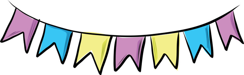 Colorful festive garland with pink yellow and blue flags