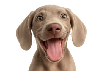 Weimaraner puppy closeup portrait, showing a happy and playful expression. The background is transparent
