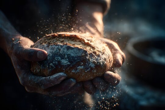 Hands breaking bread, cinematic texture, cooking time, fresh pastry. High quality photo
