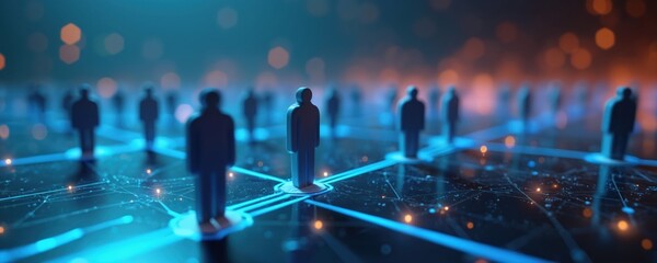 Plakat Abstract network of people silhouettes connected by glowing lines. Digital data flows between individuals in a futuristic grid. Business or social connections visualized in dark blue and orange.
