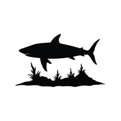 Dramatic black and white silhouette of a shark swimming above vegetation, shark swimming silhouette vector illustration