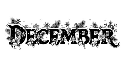 Vector typography of &ldquo;December&rdquo; with snowflakes, bells, and pine branches integrated into the letters