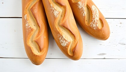 Three golden-brown baguettes rest on a white wooden surface, close-up view.
