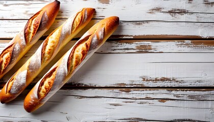 Three crusty baguettes lie diagonally across a weathered white wooden surface.