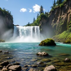 Fototapeta premium Majestic Waterfall Cascading into Turquoise Pool Surrounded by Lush Greenery.