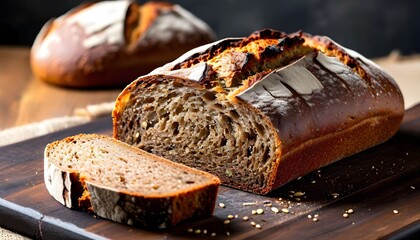 Close-up of sliced artisan bread loaf on wooden serving board, with another loaf in the background.