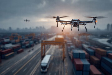 Drone flying over a modern industrial facility at sunset, aerial view. A drone surveys a large industrial complex, offering a glimpse into modern logistics and supply chain management.