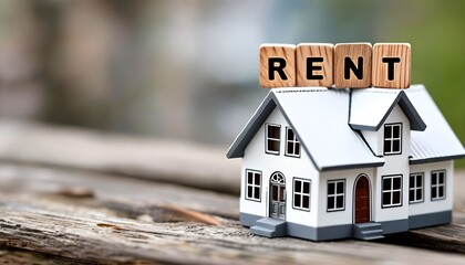 A miniature house model with the word "RENT" displayed on top, signifying property rental.
