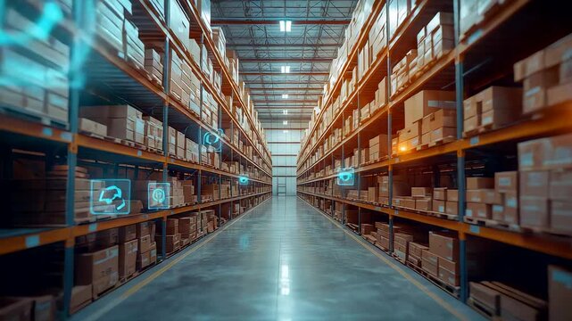 Warehouse Shelves Boxes Storage Aisle Inventory Facility Distribution Room