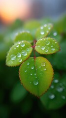 Close up Macro Photograph Of Dewdrops On A Vibrant Green Leaf With Red Edges At Sunrise With Soft Golden Light And Bokeh Background