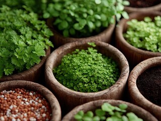 Close-up Macro Photography of Vibrant Green Seedlings Growing in Round Wooden Containers with Natural Sunlight illuminating the Lush Foliage