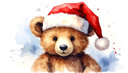 A teddy bear wearing christmas hat illustration watercolor children's, isolated on white background