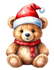 A teddy bear wearing christmas hat illustration watercolor children's, isolated on white background