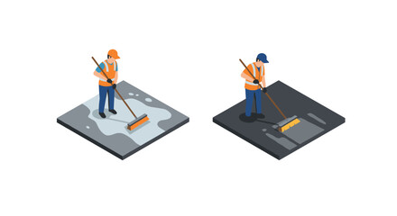 Isometric workers cleaning gray surface with mop in uniforms