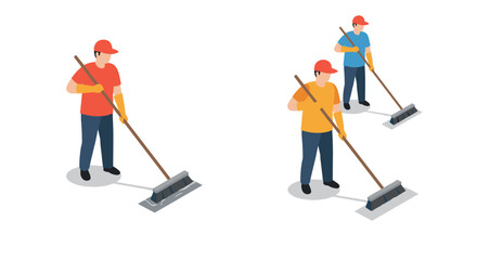 Fototapeta premium Workers wearing caps and gloves cleaning with brooms in isometric style