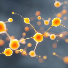 Abstract Microscopic Cell Structure with Glowing Orange Orbs and Delicate Connecting Fibers Against a Soft Gray Background in Macro Close-Up Detail