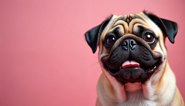 Adorable pug with expressive eyes, joyful grin against vibrant pink backdrop. Wrinkled face, playful expression create humorous, endearing portrait. Ideal for pet-related content, social media