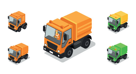 Colorful isometric garbage trucks set on white background