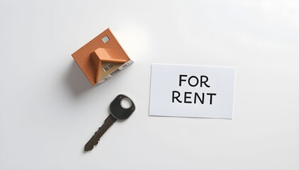 A toy house, a key, and a "For Rent" sign are arranged on a white surface, symbolizing property rental.