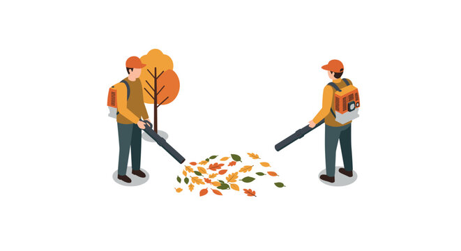 Isometric gardeners clearing autumn leaves with leaf blowers