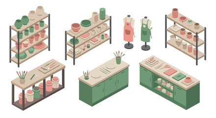Fototapeta premium Isometric pottery studio: shelves and tools for creative crafting