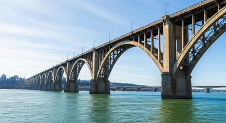 Majestic arch bridge spanning blue river on clear day