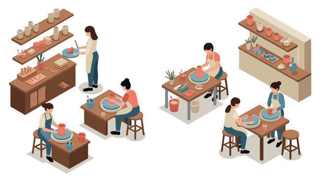Isometric pottery workshop scene with artisans crafting clay ceramics